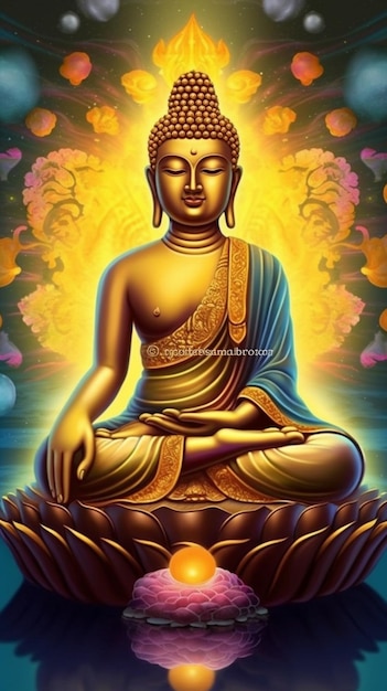 Ein buddha-poster mit blauem einband und dem wort buddha darauf. |  Premium-Foto