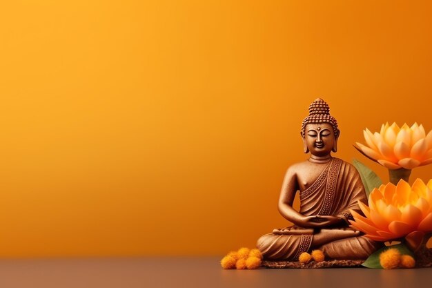 Ein Buddha sitzt am Vesak-Buddha-Purnima-Tag mit Kopierraum im Hintergrund für den Vesak-Festtag