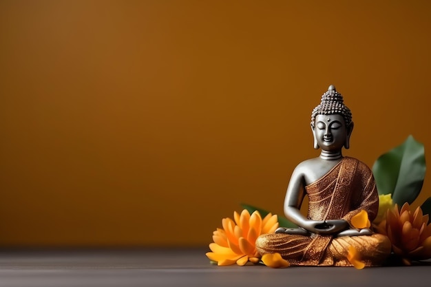 Ein Buddha sitzt am Vesak-Buddha-Purnima-Tag mit Kopierraum im Hintergrund für den Vesak-Festtag