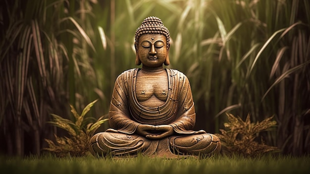 Ein Buddha sitzt auf einem Grasfeld mit dem Wort Buddha darauf.