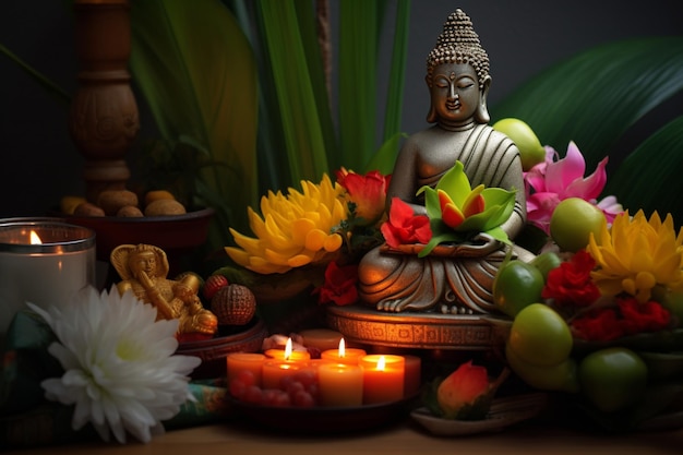 Ein Buddha sitzt im Garten mit einer Lotusblume und Kerzen. Hintergrund für die Feier des Vesak-Festes, des Vesak-Tages