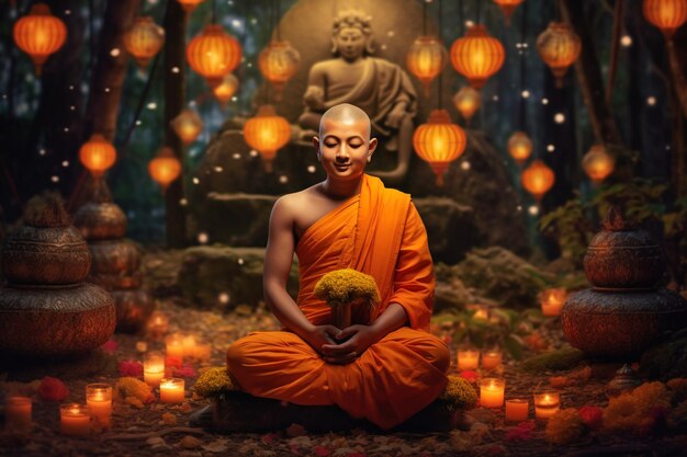 Ein Buddha sitzt im Garten mit einer Lotusblume und Kerzen. Hintergrund für die Feier des Vesak-Festes, des Vesak-Tages