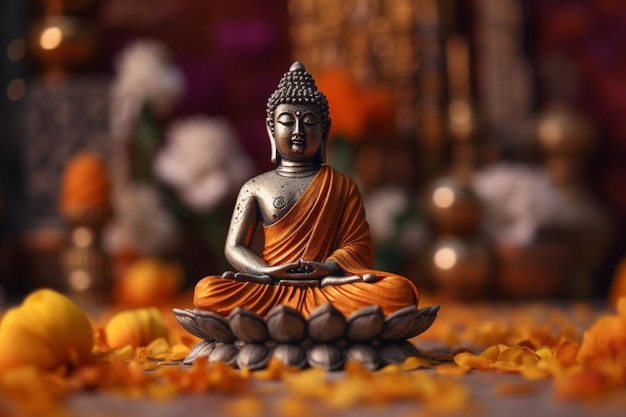 Ein Buddha sitzt im Garten mit einer Lotusblume und Kerzen. Hintergrund für die Feier des Vesak-Festes, des Vesak-Tages