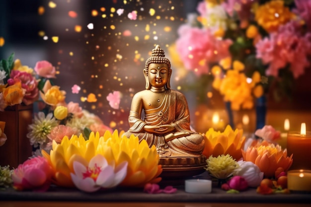 Ein Buddha sitzt im Garten mit einer Lotusblume und Kerzen. Hintergrund für die Feier des Vesak-Festes, des Vesak-Tages