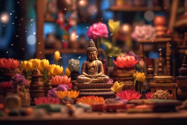 Ein Buddha sitzt im Garten mit einer Lotusblume und Kerzen. Hintergrund für die Feier des Vesak-Festes, des Vesak-Tages