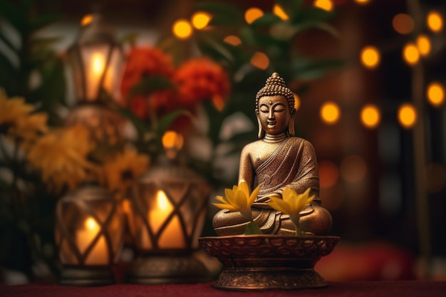 Ein Buddha sitzt im Garten mit einer Lotusblume und Kerzen. Hintergrund für die Feier des Vesak-Festes, des Vesak-Tages