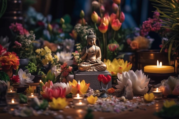 Ein Buddha sitzt im Garten mit einer Lotusblume und Kerzen. Hintergrund für die Feier des Vesak-Festes, des Vesak-Tages