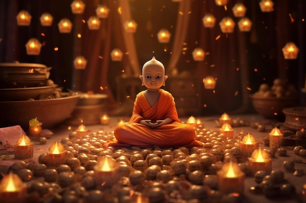 Ein Buddha sitzt im Garten mit einer Lotusblume und Kerzen. Hintergrund für die Feier des Vesak-Festes, des Vesak-Tages