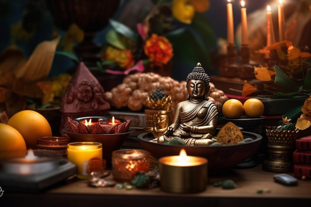 Ein Buddha sitzt im Garten mit einer Lotusblume und Kerzen. Hintergrund für die Feier des Vesak-Festes, des Vesak-Tages