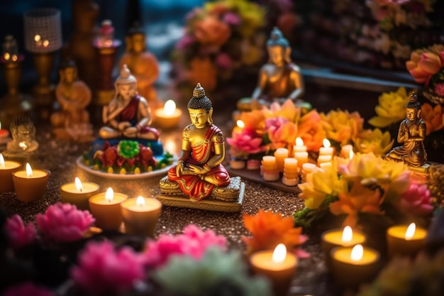 Ein Buddha sitzt im Garten mit einer Lotusblume und Kerzen. Hintergrund für die Feier des Vesak-Festes, des Vesak-Tages