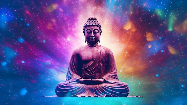 Ein Buddha sitzt inmitten eines violetten Universums.