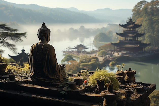 Ein Buddha sitzt mit einer Lotusblume und Kerzen auf dem Berg. Hintergrund für die Vesak-Feier, den Vesak-Tag