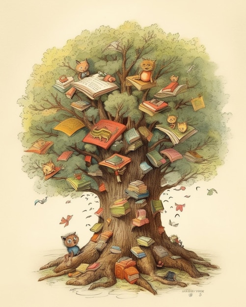 Ein Bücherbaum mit Büchern darauf und einem Buch darauf