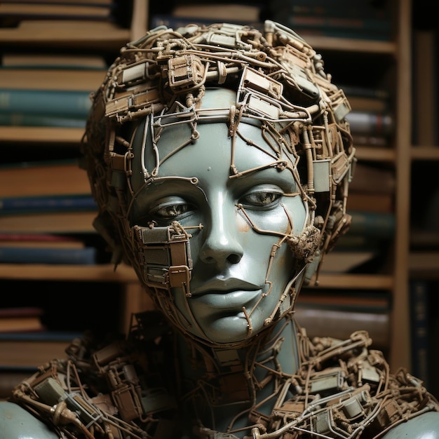 Ein Bücherregal mit einer menschlichen Kopfstatue. Verbessert die Lesebeziehung zwischen Büchern und Wissen