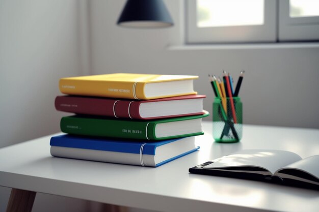 Ein Bücherstapel aus nächster Nähe auf einem Schreibtisch. Vorderansicht eines Stapels von Büchern. Stapel bunter Bücher auf dem Schreibtisch