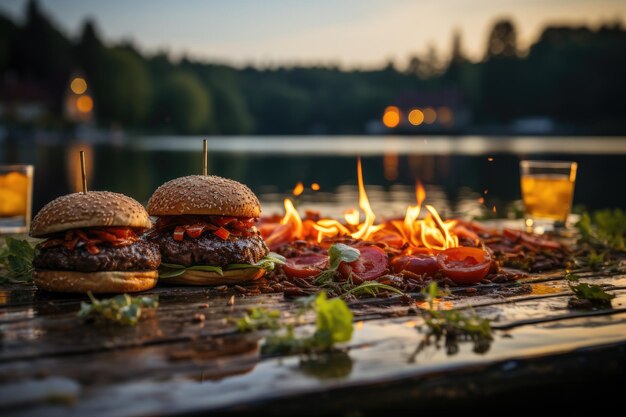 Ein Büffelfleisch-Burger bei einem Sommergrill am Rande eines generativen IA-Sees