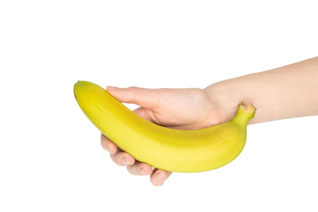 Ein Bündel Bananen in der Frauenhand lokalisiert auf weißem Hintergrund