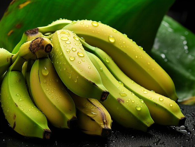 ein Bündel Bananen mit Wassertropfen darauf.