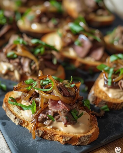 ein Bündel Brot mit Fleisch und Zwiebeln drauf