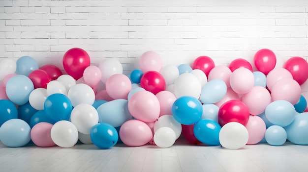 Ein Bündel bunter rosa und blauer Luftballons, weißer Studiowand-Kopierraum