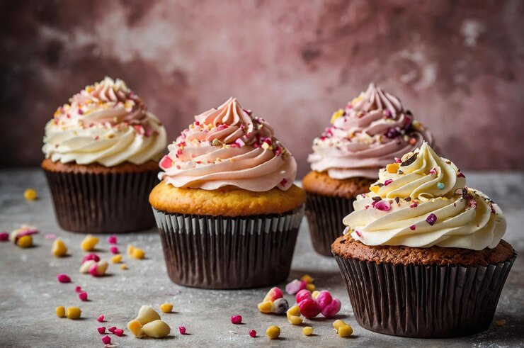 Foto ein bündel cupcakes mit rosa und gelben spritzen darauf