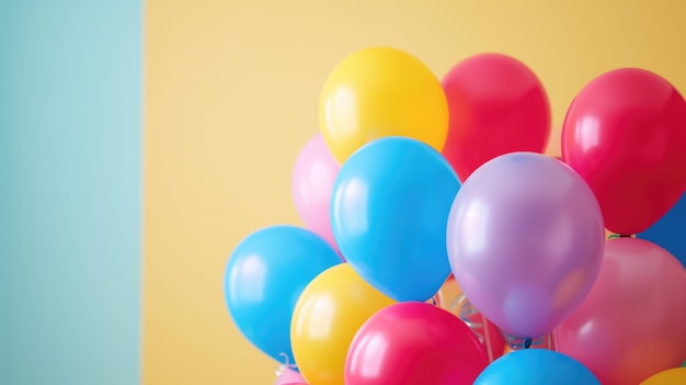 Ein Bündel farbenfroher Ballons auf einem pastellgelben und blauen Hintergrund.
