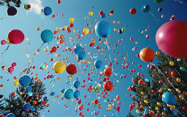 Foto ein bündel farbenfroher ballons in den himmel freigegeben