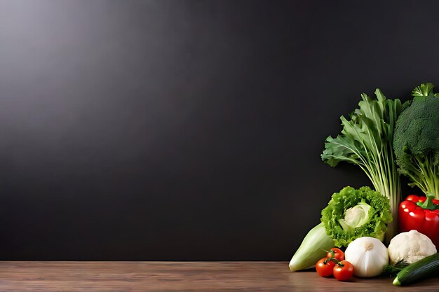 ein Bündel Gemüse auf einem Tisch mit einem schwarzen Hintergrund hinter ihnen
