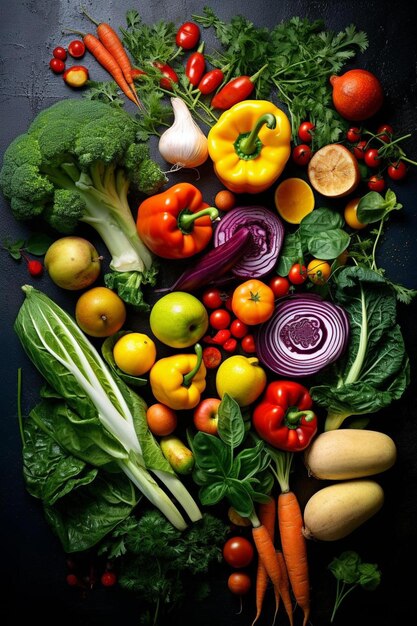 Foto ein bündel gemüse, darunter brokkoli, rettiche, tomaten und anderes gemüse