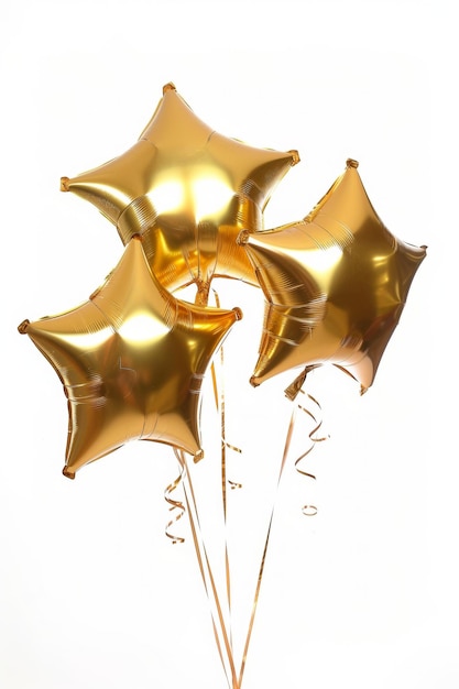 Ein Bündel glänzender goldener sternförmiger Ballons mit festlichen Bändern auf weißem Hintergrund