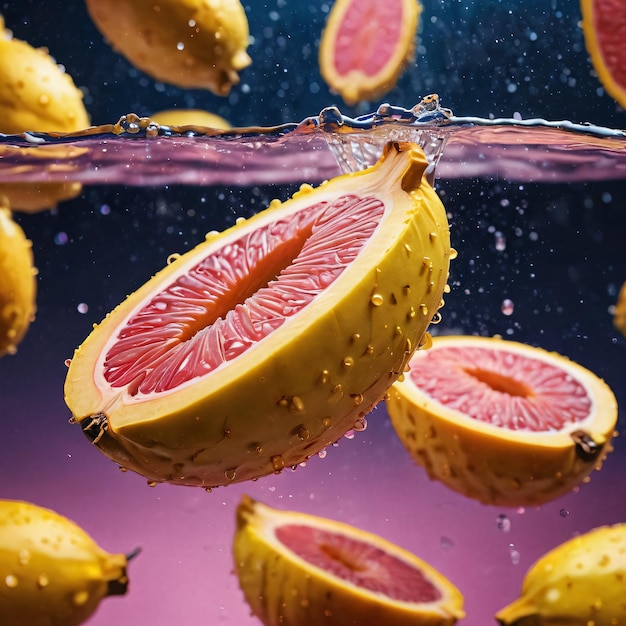 Foto ein bündel grapefruits wird mit wasser besprüht