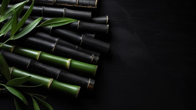 Ein Bündel grüner Bambusflöten auf schwarzem Hintergrund