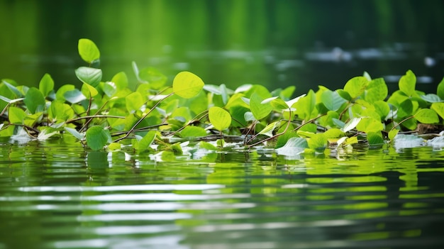 Ein Bündel grüner Blätter, die auf einem Gewässer schwimmen