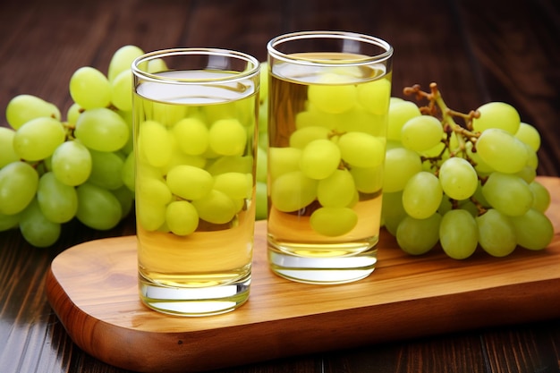 Ein Bündel grüner Trauben auf einem Holzbrett mit zwei Gläsern Saft