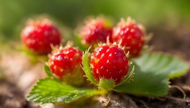 ein Bündel Himbeeren mit grünen Blättern und einem grünen Blatten