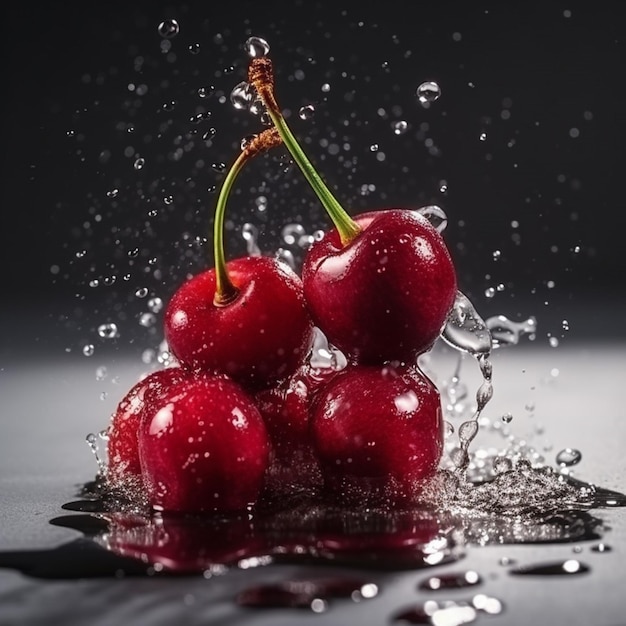 Ein Bündel Kirschen mit Wassertropfen darauf