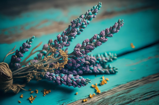 Ein Bündel Lavendel auf einem blauen Holztisch