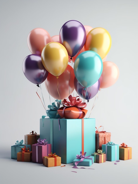 Ein Bündel Luftballons ist an eine blaue Schachtel mit einem Band mit der Aufschrift „Alles Gute zum Geburtstag“ gebunden.
