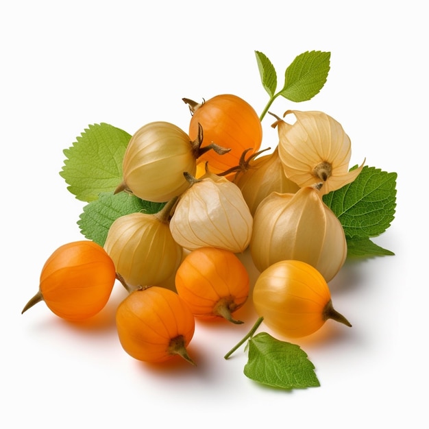 Ein Bündel orangefarbener Früchte mit grünen Blättern und gelben Früchten.