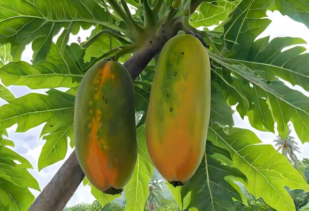 ein Bündel Papaya hängt an einem Baum mit dem Datum und der Zeit von 12 00.