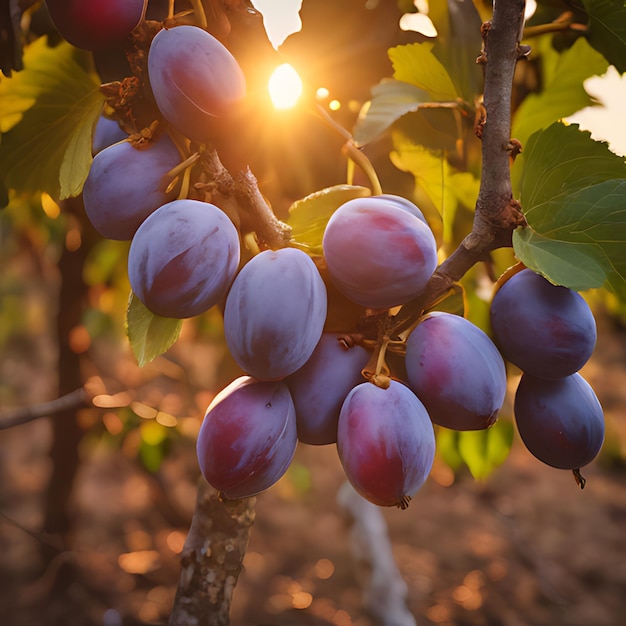 ein Bündel purpurfarbener Trauben hängt an einem Baum mit der Sonne, die durch die Blätter scheint