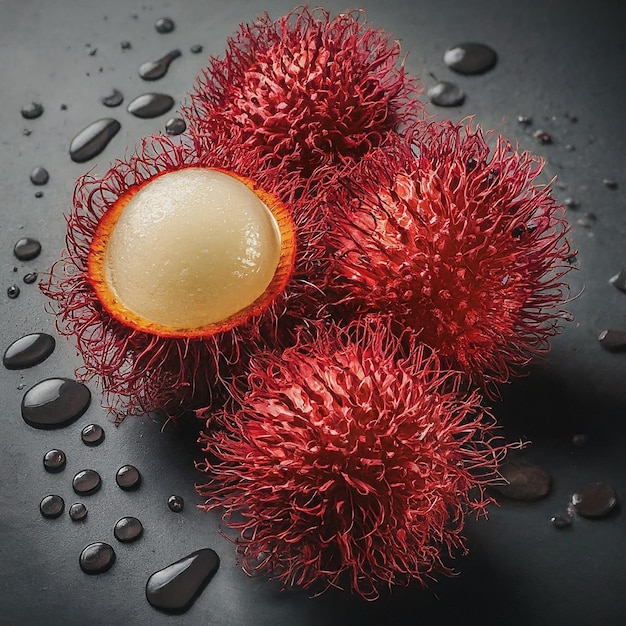 Foto ein bündel rambutan mit wassertropfen auf einer schwarzen oberfläche