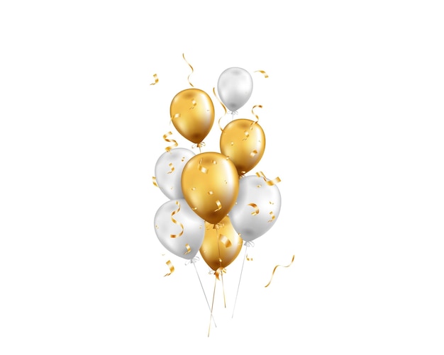 Ein Bündel realistischer transparenter goldener Ballons und goldener Bänder mit Serpentin-Konfetti-Bouquet