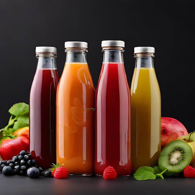 ein Bündel Saftflaschen mit Obst und Gemüse