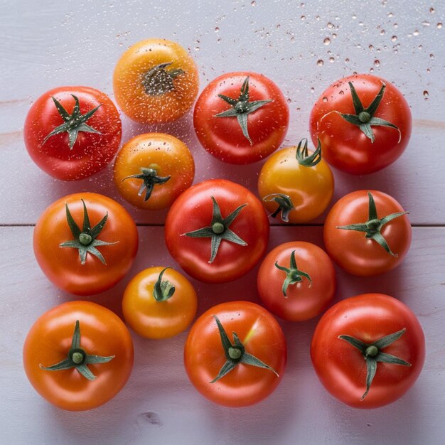 ein Bündel Tomaten stehen auf einem Tisch mit Wassertröpfchen darauf