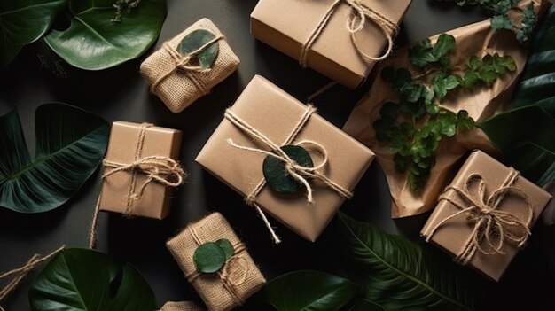 Foto ein bündel verpackter geschenkschachteln mit einem blatt darauf