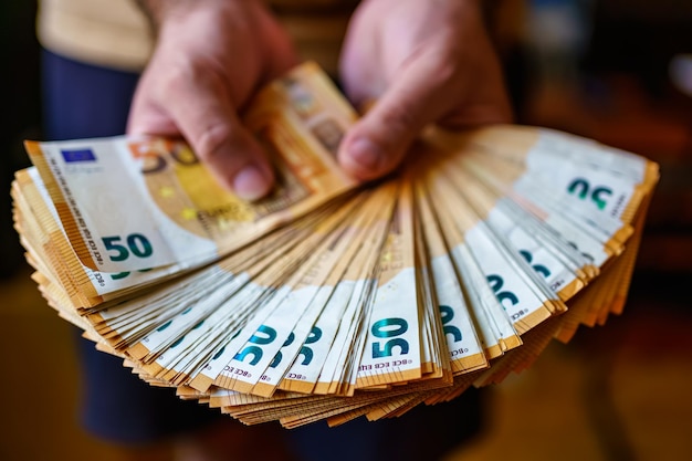 Ein Bündel von 50-Euro-Scheinen, die von einer Person in der Hand gehalten werden