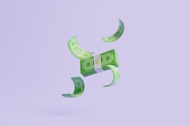 Ein Bündel von Dollar-Banknoten und Bargeld schwimmt auf lila Hintergrund Geld- und Zahlungskonzept 3D