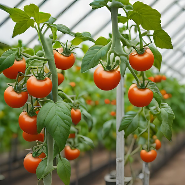 ein Bündel von Kirschtomaten wächst in einem Gewächshaus