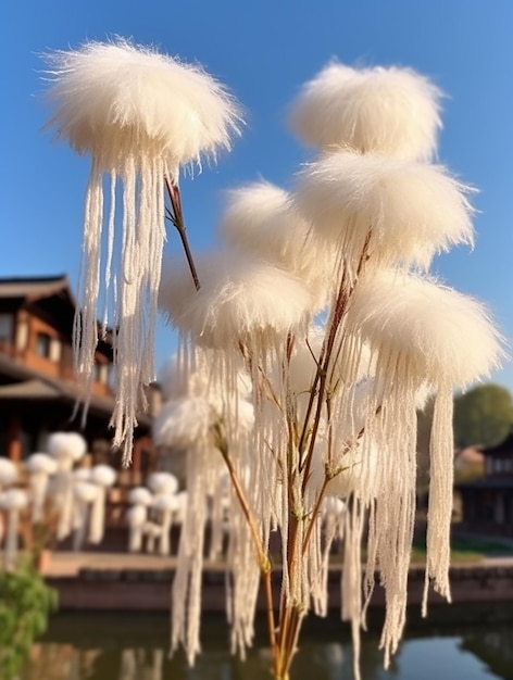 Foto ein bündel weißer baumwollblumen mit dem wort löwenzahn an der spitze.